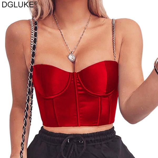

red black satin corset women chain strap underwire bustier zip up plain crop camis streetwear women's tanks, White