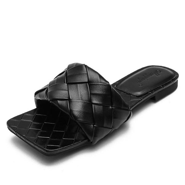 

slippers square toe big woven one-word drag flat sandals large 34-43 women 2021, Black