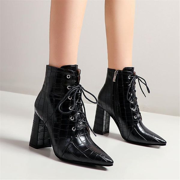 

boots black ladies high heel autumn short square shoes women leather