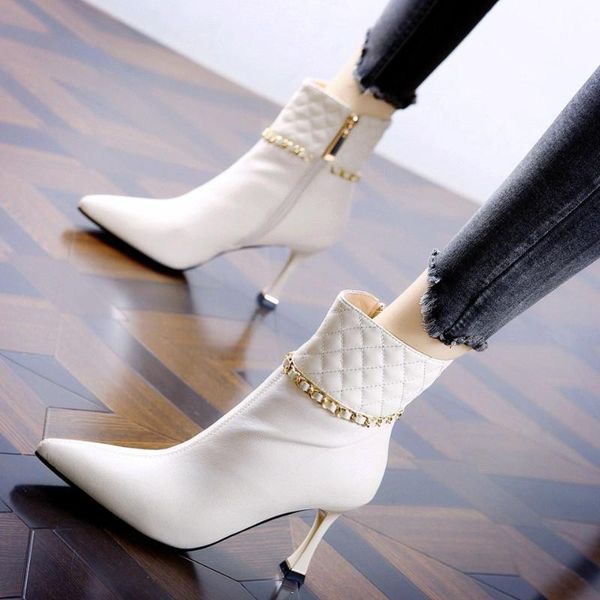

boots 2021 autumn fashion metal chain women's pointed stiletto high heels short pu leather ankle, Black