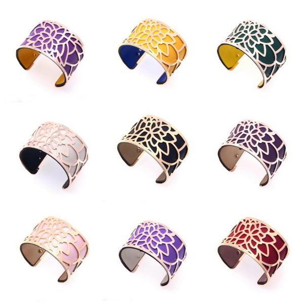

bangle 40mm silver rose gold finish reversible leather flower bracelet adjustable opening cuir manchette switch colour wirst for female, Black