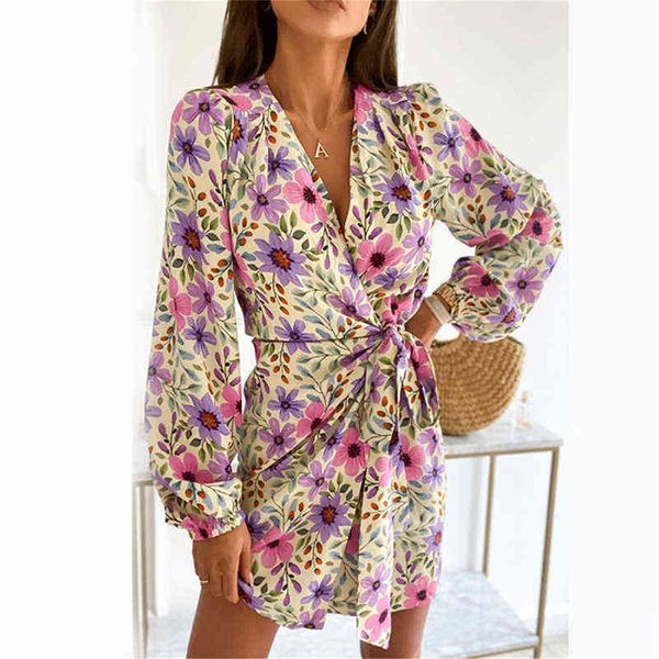 

office lady casual long sleeve spring dress fashion women floral printing party dresses elegant v neck wrap lace-up draped dress y1204, Black;gray