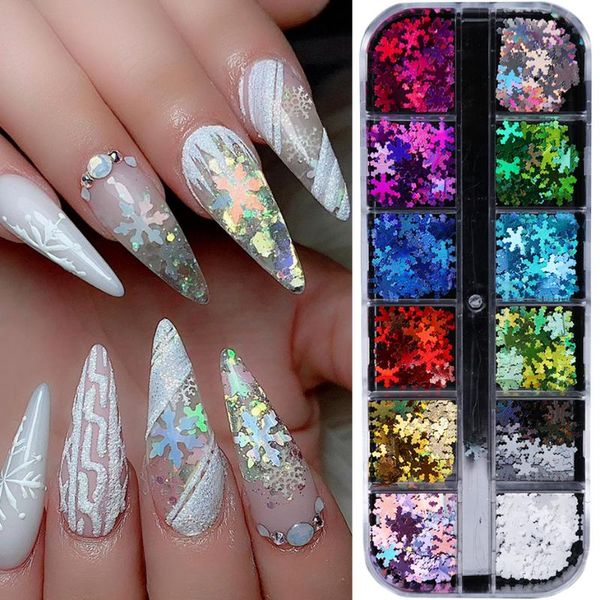

nail glitter 12 grid snowflakes laser sequins holographic christmas mirror 3d flowers flakes spangles manicure saxhh01-05, Silver;gold