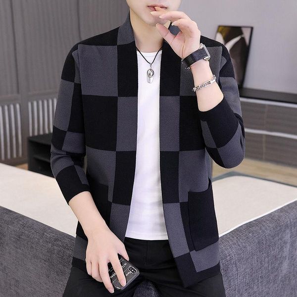 

men's sweaters clothing knitted sweater loose v-neck thin plaid print cardigan coat 2021 spring autumn cardigans y333, White;black