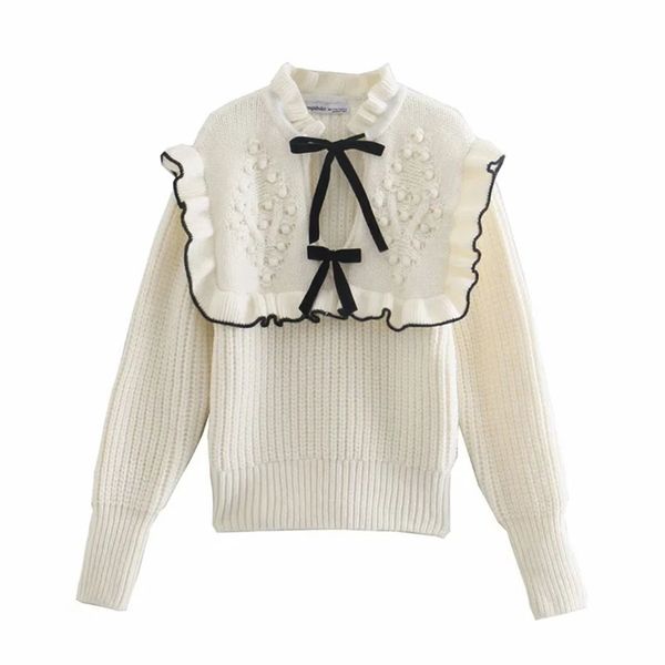 

za sweater women elegant patchwork sweet bow tie knitted jumper ladies pullovers chic 210531, White