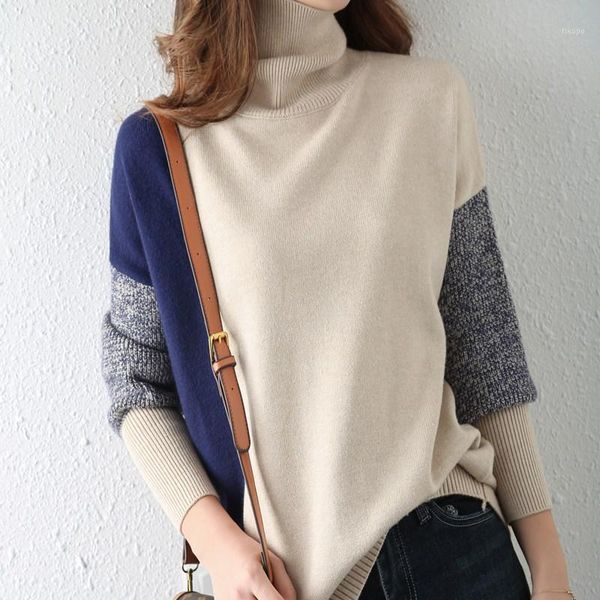 

women's knits & tees women sweater fall/winter loose color-blocking turtleneck pullover thick knit split mid-long base1, White