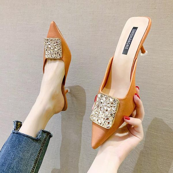 

summer pointed toe stiletto sandals fashion all-match exquisite rhinestone half drag women's shoes slippers, Black