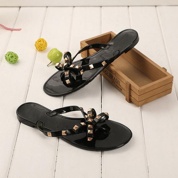 

slippers summer style women's sandals flat bottom bowknot rivet character garden jelly beach 5gkw, Black