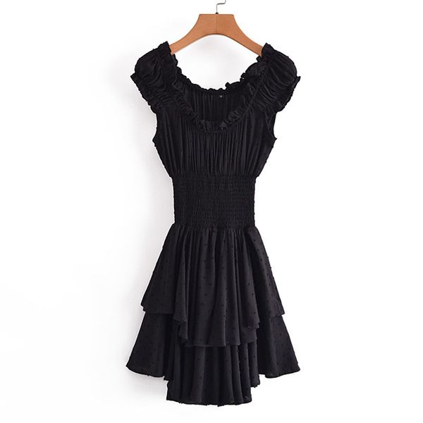 

women round neck short sleeve elastic waist dress vintage slim ruffle stitching chic female mini dresses vestidos mujer 210507, Black;gray