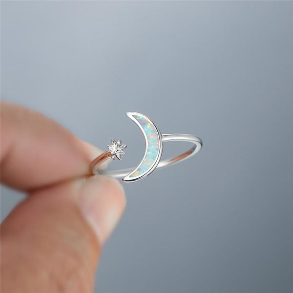

wedding rings vintage silver color ring white blue opal small crystal engagement dainty female star moon opening for women, Slivery;golden
