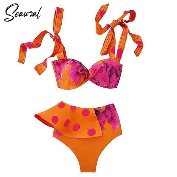 

bikini set high waist print dots floral swimsuit strappy swimwear women bathing suit summer beach wear biquini 210722, White;black