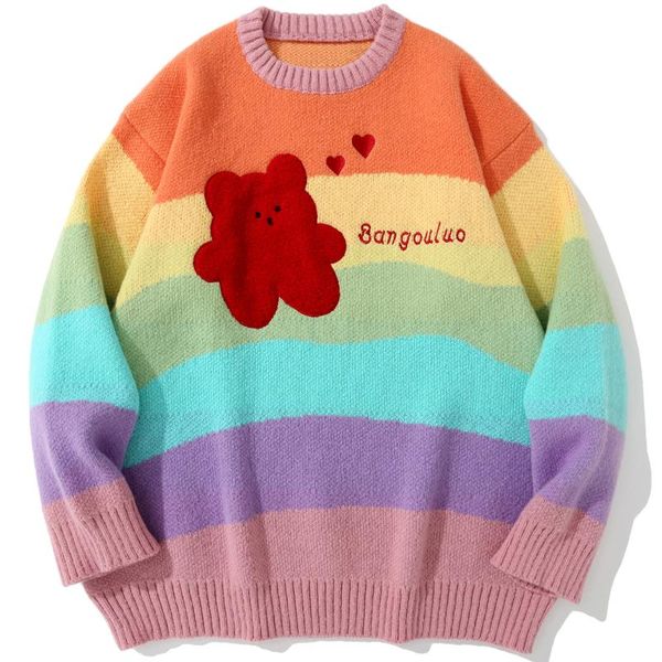 

men's sweaters lacible streetwear harajuku embroidery bear rainbow knitted jumpers sweater color block knitwear casual loose pullover, White;black