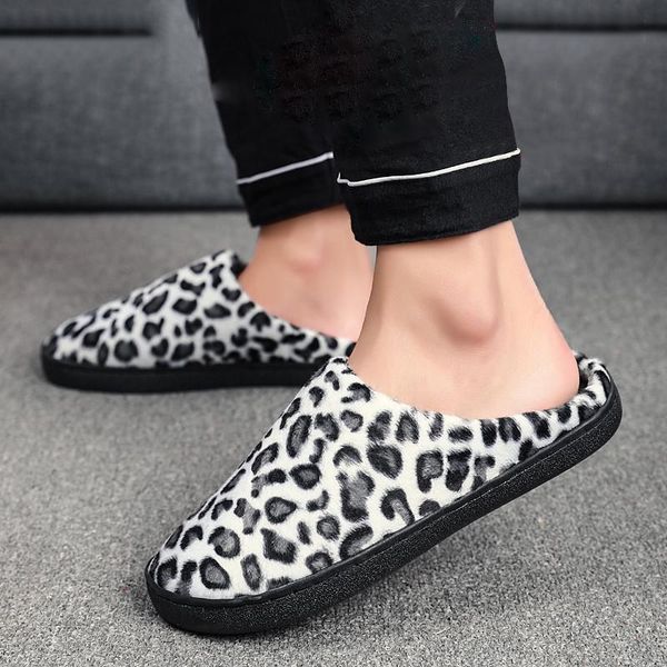 

slippers large size 36-47 for men couples leopard print shoes winter home warm slipper plush indoor comfort casual man, Black