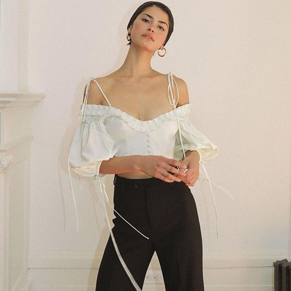 

women's blouses & shirts iclosam 2021 women summer white bandage blouse lantern sleeve adjustable lace up strap off shoulder ruffle cro