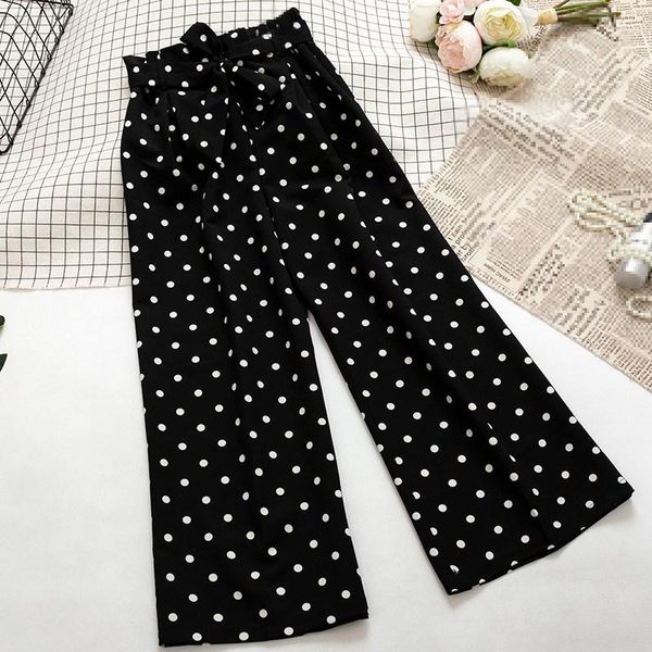 

women's pants & capris 2021 summer high waist wide leg street women vintage sashes polka dot female loose casual trousers, Black;white