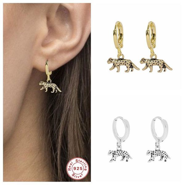 

genuine 925 sterling silver luxury black panther punk huggies loops for anniversary wedding couple women earring jewelry, Golden