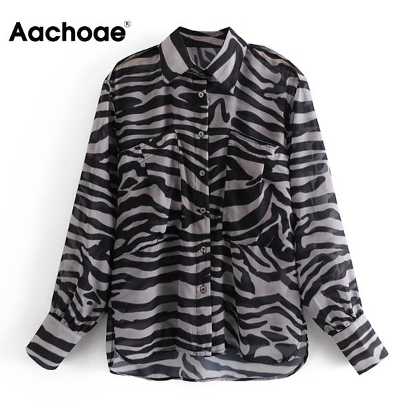 

aachoae summer zebra print thin blouse women long sleeve lady pocket shirt split hem fashion ladies tunic chemise femme 210413, White