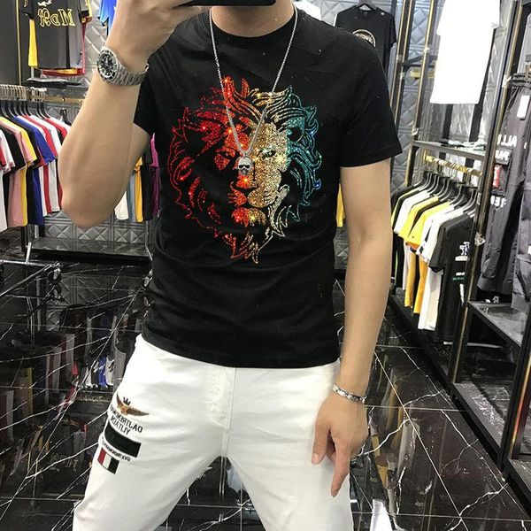 

men's t-shirts big lion luxury diamond pattern slim super fast sending factory summer short-sleeved t-shirt, White;black