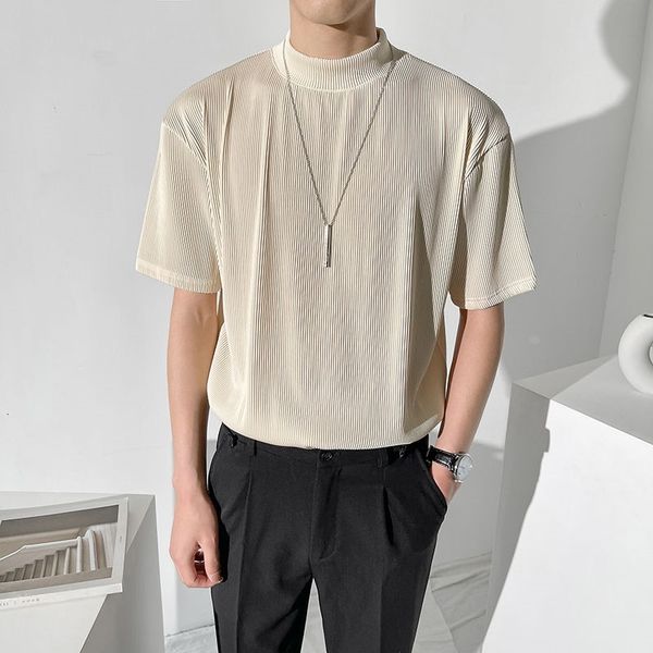 

men's t-shirts summer pleated t-shirt fashion solid color casual tshirt men streetwear korean loose short-sleeved t shirt mens m-2, White;black