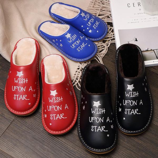 

slippers woman's winter indoor pu cotton slipper male waterproof non-slip couple home shoes warm man, Black