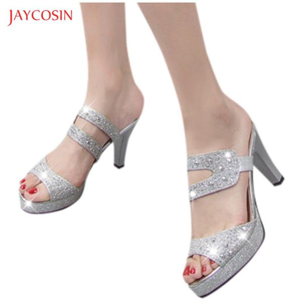 

dress shoes jaycosin 2021 women pumps hoof high heel pu peep toe sliver solid white crystal ankle strap sandals ladies wedding, Black