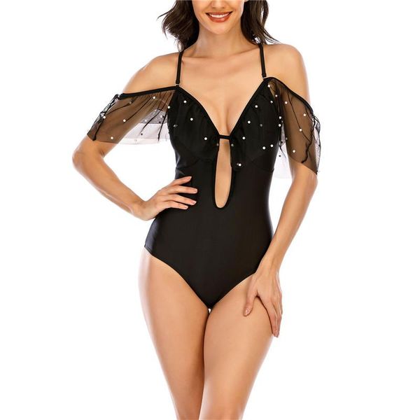 

one-piece suits women's spot printing swimsuit classic mesh sleeve sling bodysuit, low collar high waist swimming suit