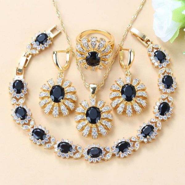 

wedding jewelry sets mystic gold color black zircon fashion big for women dangle earrings/necklace/bracelet/ring 6-color, Slivery;golden