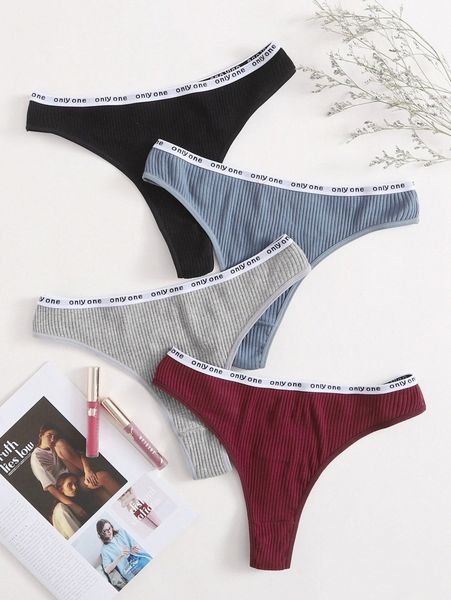 

4pack plus ribbed letter tape panty set t7sp#, Black;white