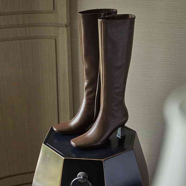 

younger asumer full of genuine leather shoes women's high-heeled square toe winter wear knee high boots, Black