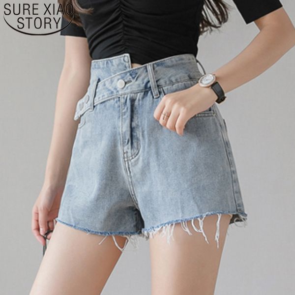 Verão azul jean denim shorts para mulheres simples cintura alta perna larga vintage fêmea irregular 8942 50 210510