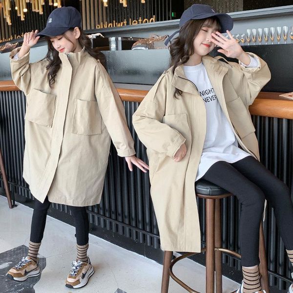 

coat girls casual trench coats with pockets teenage windbreaker autumn long korean solid color outerwear children clothing 8 10 14yrs, Blue;gray
