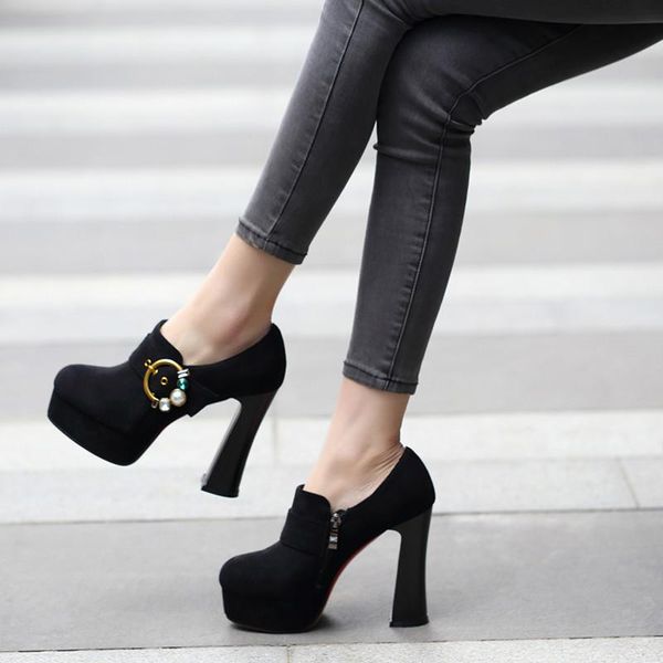 

dress shoes ymechic 2021 large size flock spring summer platforms extreme high heels pumps crystal buckle party office woman, Black