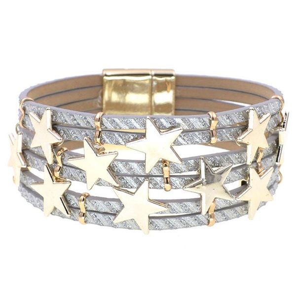 

tennis women leather bracelets 2021 fashion ladies bohemian stars charm wide wrap multilayer bracelet femme jewelry gift drop, Golden;silver