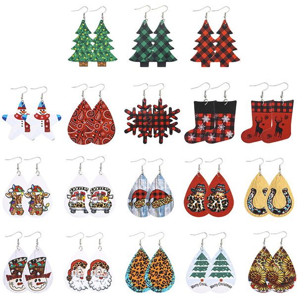 

christmas earrings snowflake snowman santa retro pu leather earring for women ear58967, Golden