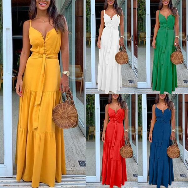 

casual dresses summer tunic maxi dress v neck robe femme belt elegant ruffles party long spaghetti strap vestidos mujer, Black;gray
