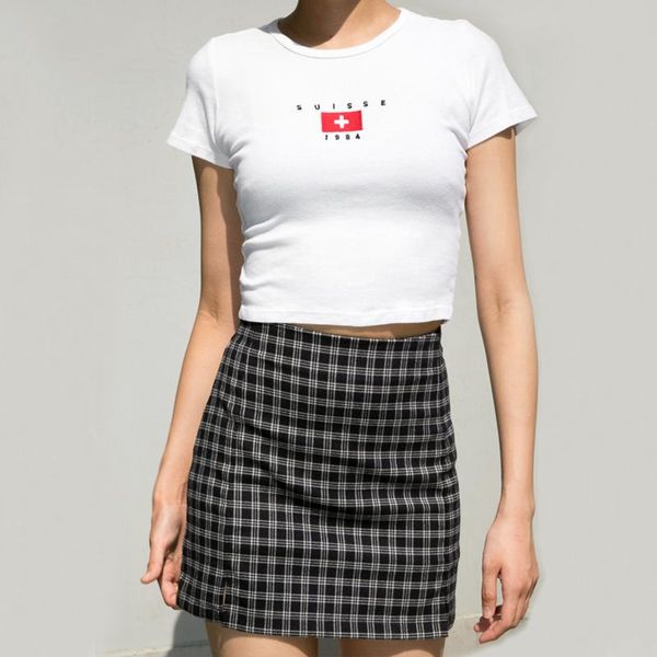 

women's t-shirt women embroidery slim fit cropped top, White