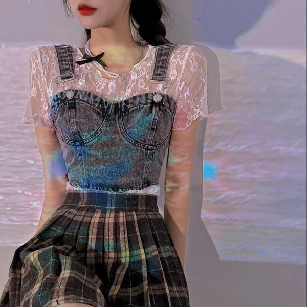 

women's blouses & shirts denim 2 pcs blouse women 2021 vintage off shoulder mujer short sleeve ladies hollow xl fashion flower, White
