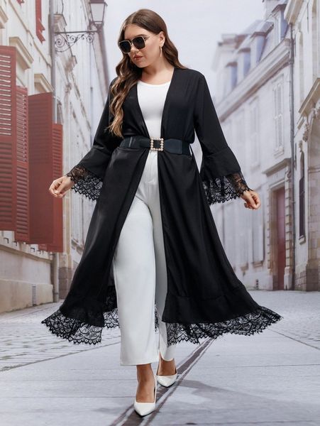 

plus contrast lace belted kimono v9kl#, Black