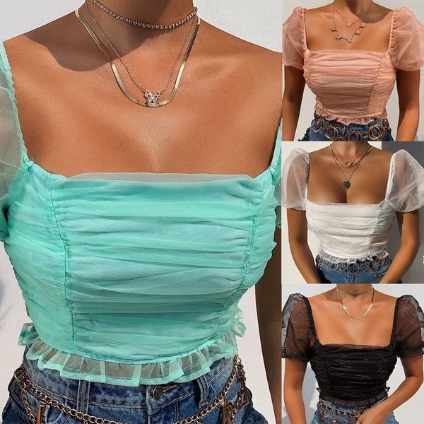 

women's fashion square neck perspective mesh puff sleeve short t-shirt, White