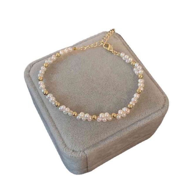

frhwater pearl bracelet female millet nearly round pearl weaving dign bracelet temperament frh girlfriend gift bracelet, Golden;silver