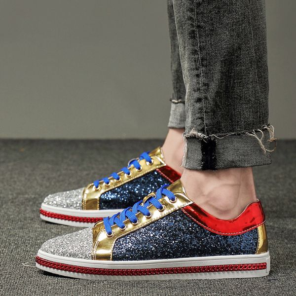 

brand fashion shiny mirror shoes men casual sneakers classic club golden silver low cut glitter shoes men chaussure homme