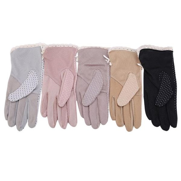 

five fingers gloves sun protection driving uv non-slip polka dot cotton lace edge touch screen ladies fashion wrist women, Blue;gray