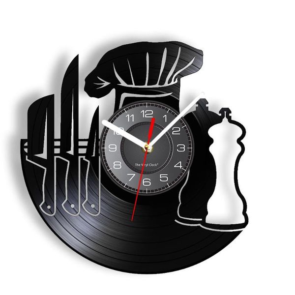 

wall clocks cook & chef's gift seasoner chef hat knife tool clock made of real record led retro watch kitchen hanging decor