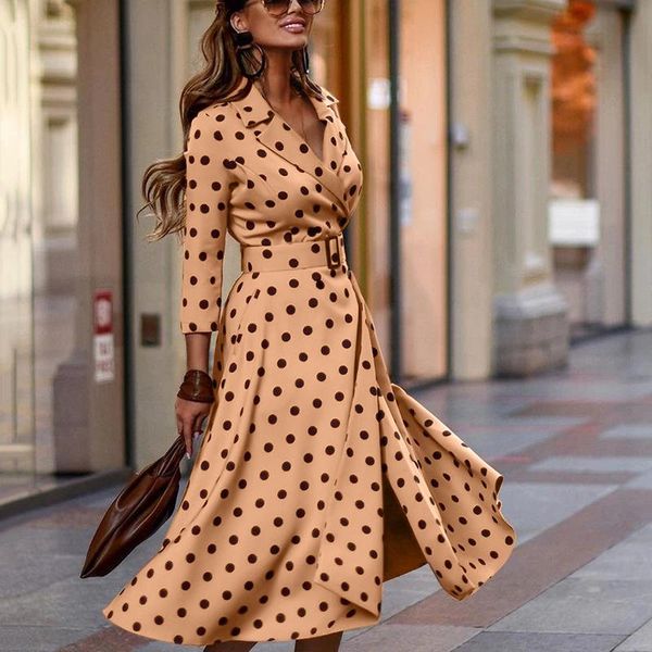 

casual dresses women turn-down collar long sleeve dot print dress elegant office lady autumn vintage belt party streetwear vestidos, Black;gray