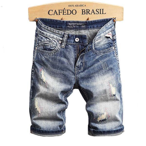 

men's jeans ly summer fashion designer retro blue patchwork ripped cotton denim shorts men hip hop short homme f6hz iw98