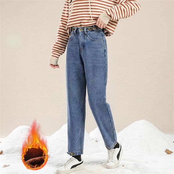 

women's jeans winter women fleece straight high waist plus velvet thickening keep warm loose harlan pants female denim trousers, Blue