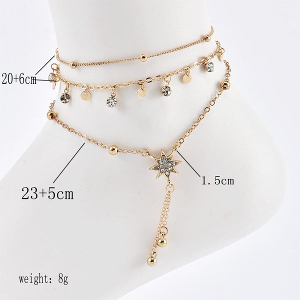 

3 pcs/set fashion gold crystal sequins star beads anklets for women bracelet on the leg foot beach jewelry accessories, Silver