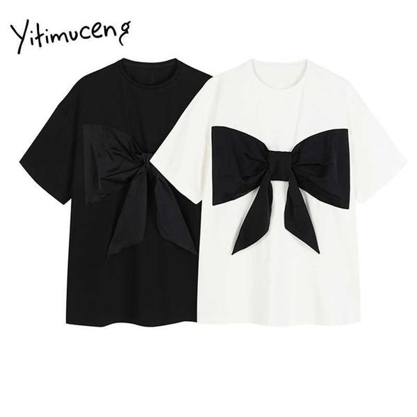 

yitimuceng bow t shirts woman harajuku loose casual tees o-neck solid black white summer korean fashion tshirts 210601