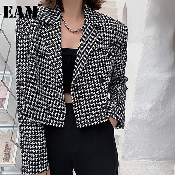 

[eam] women black plaid short big size blazer lapel long sleeve loose fit jacket fashion tide spring autumn 2021 1dc549 women's suits &, White;black