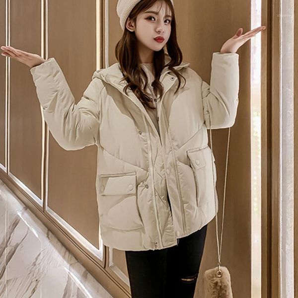 

winter jacket coat women 2021 korean style hooded padded puffer jackets casual beige femme parkas autumn black woman clothing women's d